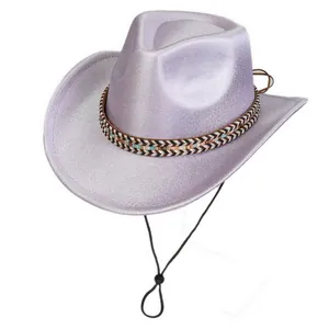 Detail of glitter purple cowboy hat featuring a colorful woven band and windproof cord