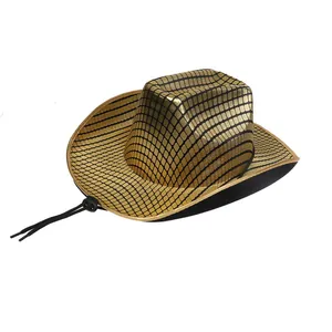 Detailed view of gold grid texture and adjustable chin strap on a shiny party cowboy hat