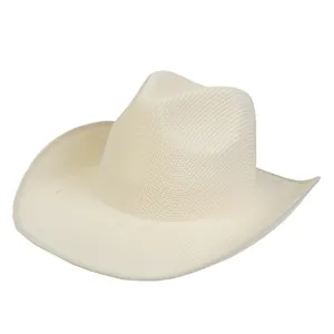 Detailed view of the woven texture and curved brim of this off-white western cowboy hat