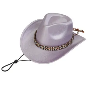 Detail of glittery purple cowboy hat featuring an ethnic woven band and adjustable drawstring