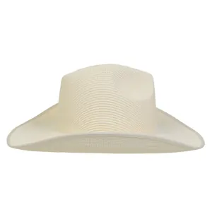 Detailed close-up of cream-colored straw cowboy hat with a wide rolled brim and fine texture