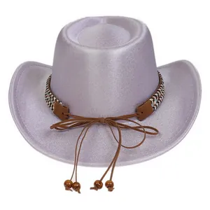 Close-up of glitter lavender cowboy hat with bohemian woven band and wooden bead tie