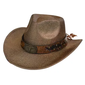 Detail of bronze western cowboy hat featuring metallic texture and bull skull emblem