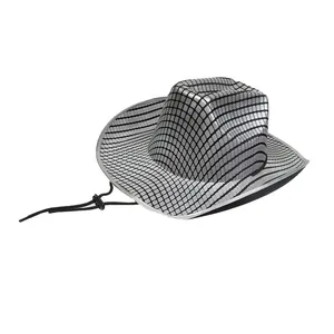 Detailed view of silver mosaic disco cowboy hat with sparkling pixel mirror squares and strap