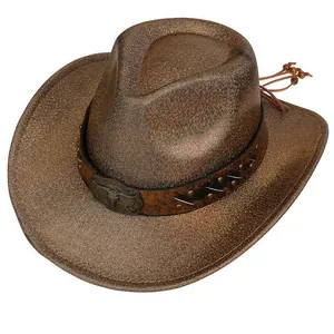 Detailed view of brown laser-finish cowboy hat with bull head buckle and braided strap