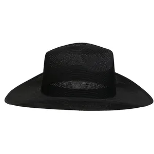 Close-up of the breathable woven mesh texture on a black wide-brim sun hat