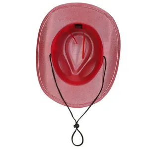 Detailed view of red glitter cowboy hat interior with black sweatband and wind cord
