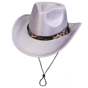 Close-up of lilac glitter fedora hat with leopard print leather band and metal buckle
