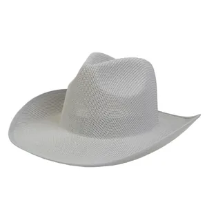Detailed view of grey western cowboy hat with breathable mesh crown and wide brim