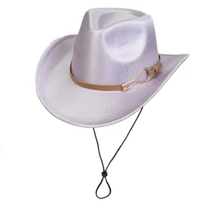 Close-up of lavender glitter cowboy hat with brown leather band and windproof cord