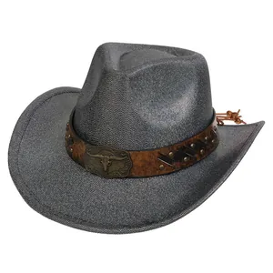 Detail of laser pearlescent cowboy hat with leather band and bronze bull head buckle