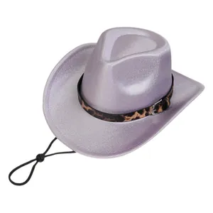 Detail of light purple glitter cowboy hat featuring leopard print belt and silver buckle
