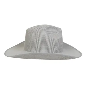 Detail of light gray knitted fedora hat showing fine weaving texture and bound brim edge