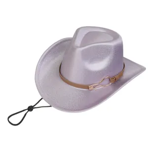 Macro detail of purple glitter fedora with faux leather band and adjustable wind cord