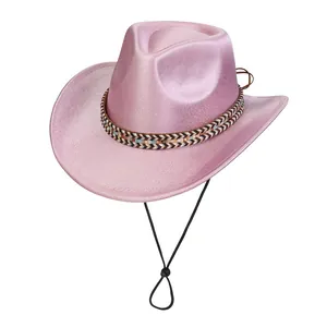 Detailed close-up of pink glitter cowboy hat with decorative woven band and adjustable chin strap