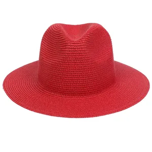 Red wide brim Panama straw hat with jazz crown design for sun protection and beach wear