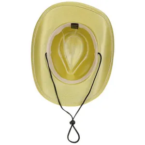 Dettaglio interno del cappello da cowboy giallo glitterato con cordino regolabile