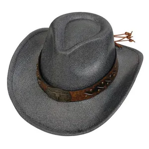 Detailed close-up of a laser pearl western cowboy hat with a bronze bull head buckle