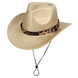 Detailed close-up of golden felt cowboy hat with leopard print band and metallic buckle