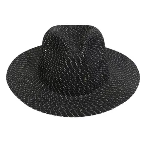 Elegante cappello di paglia nero con paillettes per protezione solare estiva al mare