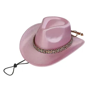 Detailed side view of pink glitter cowboy hat with colorful woven band and wind rope