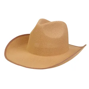 Detail of khaki straw cowboy hat showing intricate woven texture and curved brim