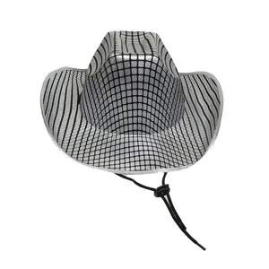 Silver disco style cowboy hat with black grid pattern and adjustable chin strap