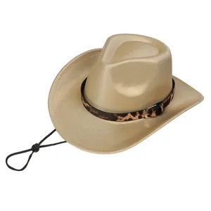 Detail of gold fedora hat featuring leopard print band with metal buckle and wind rope