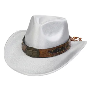 Detail of silver laser western cowboy hat with brown leather band and bull head buckle