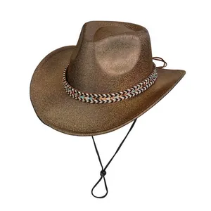 Close-up of brown cowboy hat with ethnic woven band and adjustable chin strap details