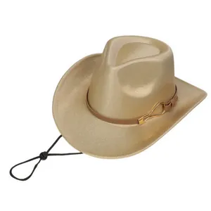Detail of metallic gold cowboy hat with brown leather band and adjustable chin strap