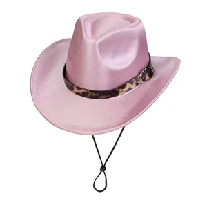 Close-up of pink glitter cowboy hat featuring a leopard print band and adjustable chin cord