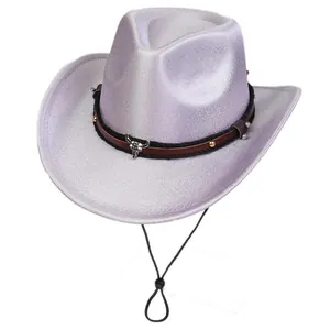 Detail of lavender glitter cowboy hat with bull skull metal charm and studded leather band