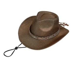 Detailed view of dark brown western cowboy hat with colorful woven band and chin strap