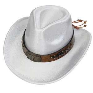 Detail of silver glitter cowboy hat featuring leather band with metal bull head and beads