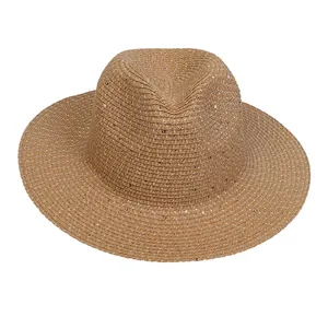 Cappello di paglia marrone con paillettes per donna ideale per protezione solare e spiaggia