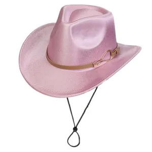 Detail of pink pearlescent fedora hat with brown leather band and adjustable chin cord