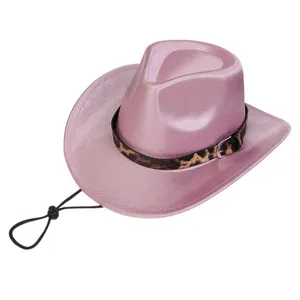 Close-up of pink glitter cowboy hat featuring leopard print band and adjustable chin cord