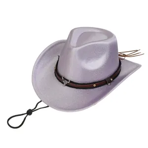 Detail of lavender glitter western cowboy hat with brown leather band and silver bull buckle