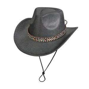 Detail of dark grey cowboy hat with bohemian woven band and adjustable chin strap