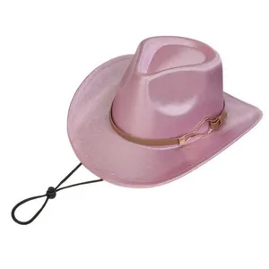 Pink pearlescent fedora hat featuring a brown faux leather band and adjustable wind rope