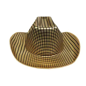 Sparkling gold cowboy hat with black checkered metallic texture for women stage party