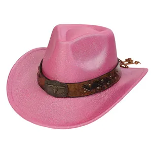 Detail of glitter pink cowboy hat with vintage bull head buckle and wooden bead fringe