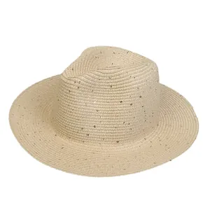Elegante cappello di paglia beige con paillettes argentate per protezione solare