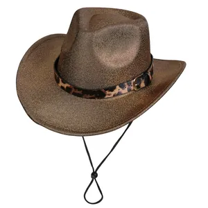 Detail of dark gray wide brim fedora hat featuring leopard print band and metal buckle