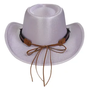 Detail of lavender cowboy hat with glitter finish, brown leather band and bow detail