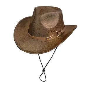 Detail of metallic bronze cowboy hat with shimmer texture and leather buckle strap