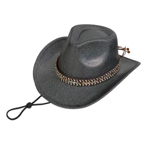 Detailed view of dark grey western cowboy hat with textured finish and woven patterned band