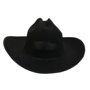 Classic black wide-brim western cowboy hat with breathable mesh texture for outdoor sun protection