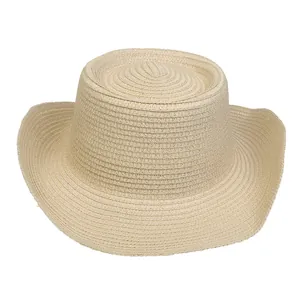 Sombrero de sol de paja beige estilo Panamá con ala curvada y corona hundida